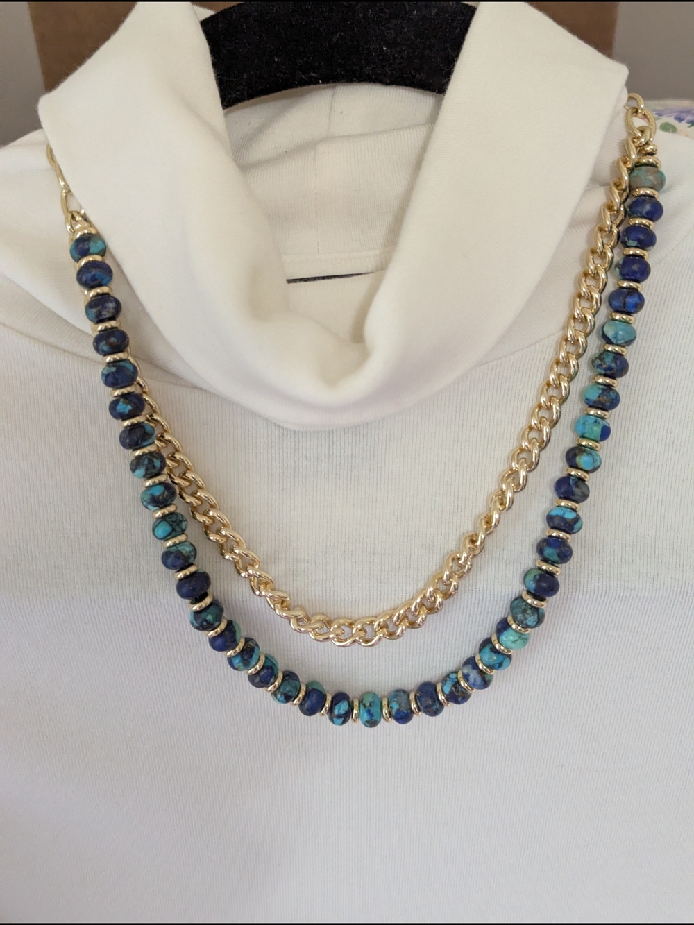 Gold Chain and Blue Turquoise Bead Layered Necklace
